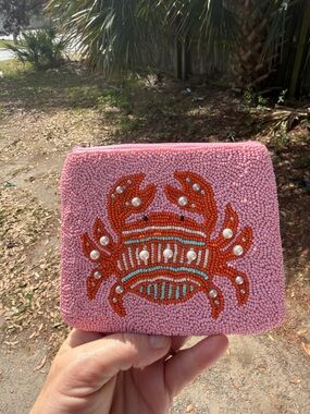 Beaded Pink Crab Wristlet Pouch